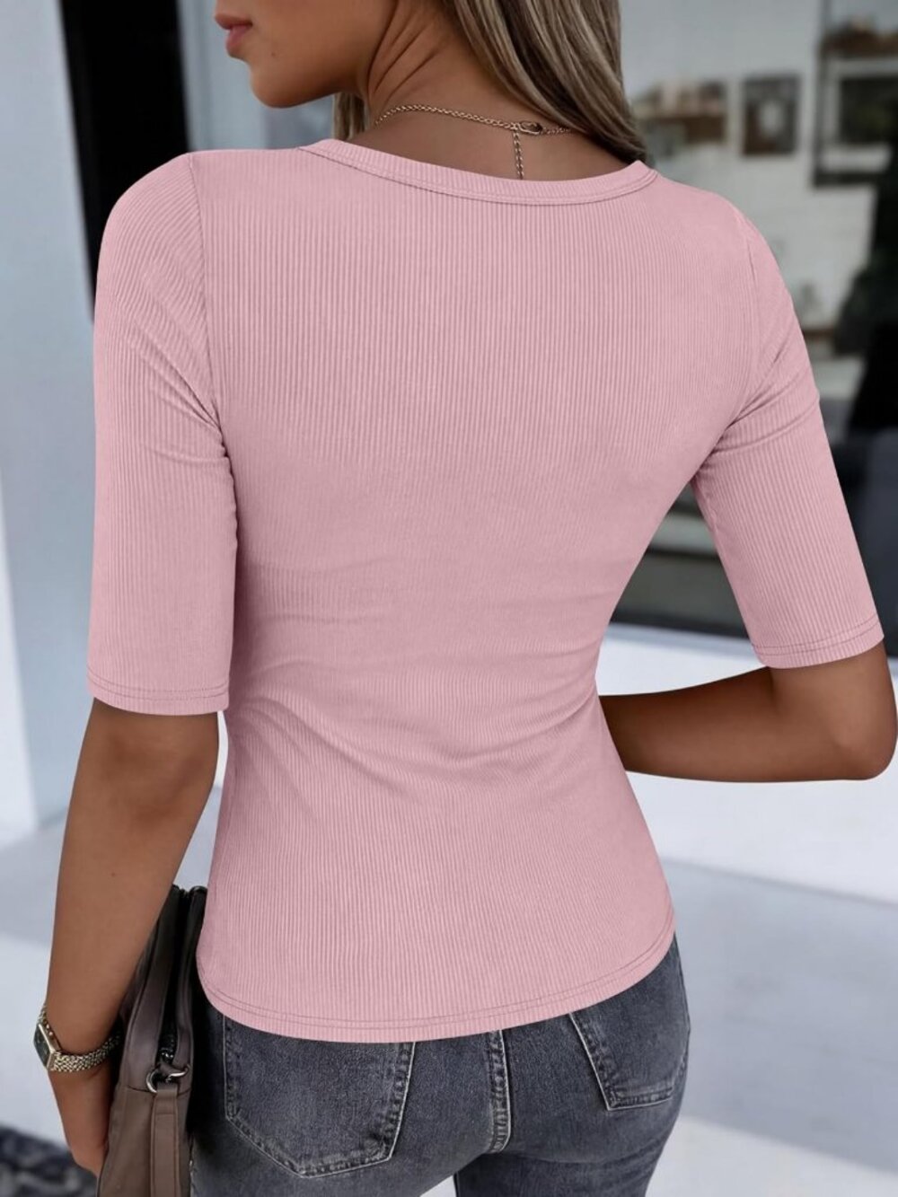 Chic Half Sleeve Crewneck Ribbed Knit Top | Slim Fit Casual Tee for - Picture 5 of 6